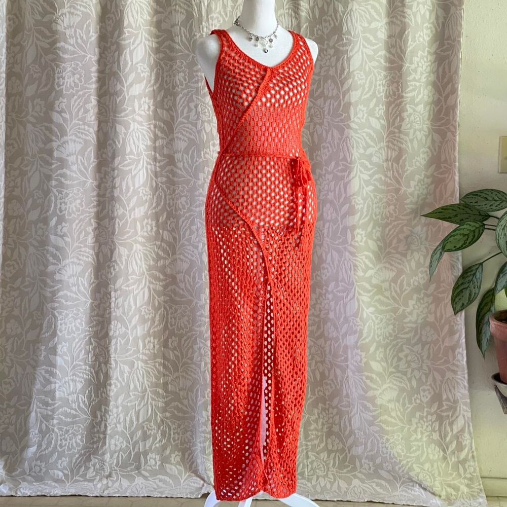 NWT JLUXLABEL Orange Crochet Cover-Up Dress Belted Maxi Beach Dress w/ Slit Sz S